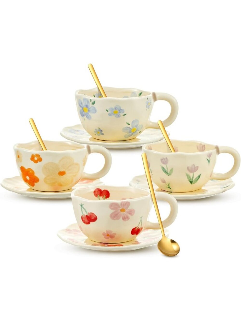 Vintage Floral Ceramic Coffee Mug Set with Saucer & Spoon - Cute Gift for Mom